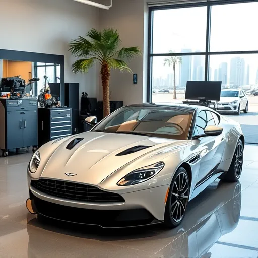 Aston Martin car being serviced in a high-end maintenance center in Dubai, featuring advanced tools and a stylish interior.