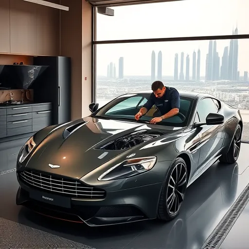A mechanic repairing the steering box of an Aston Martin in a Dubai garage, with tools and the Dubai skyline in the background.