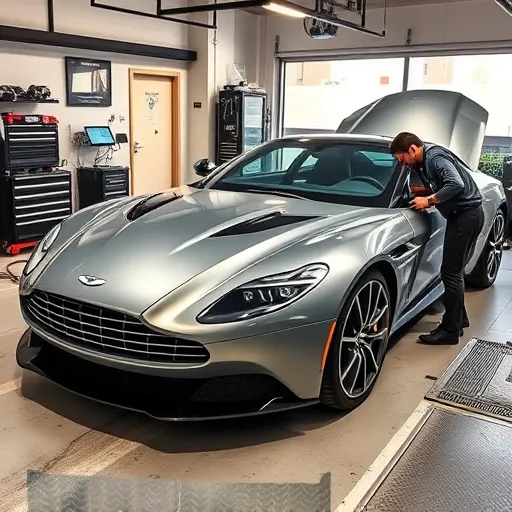 A mechanic checks the clutch and gearbox of an Aston Martin in a luxurious Dubai garage, highlighting the intricate details of the vehicle and the tools used for maintenance.
