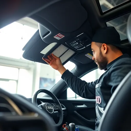 A mechanic replacing the cabin air filter in an Audi vehicle, showcasing the interior of the car and tools used for maintenance in a Dubai workshop.