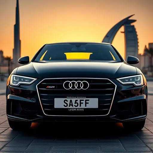 A luxurious Audi car in Dubai with a custom license plate frame, featuring iconic landmarks in the background during sunset.