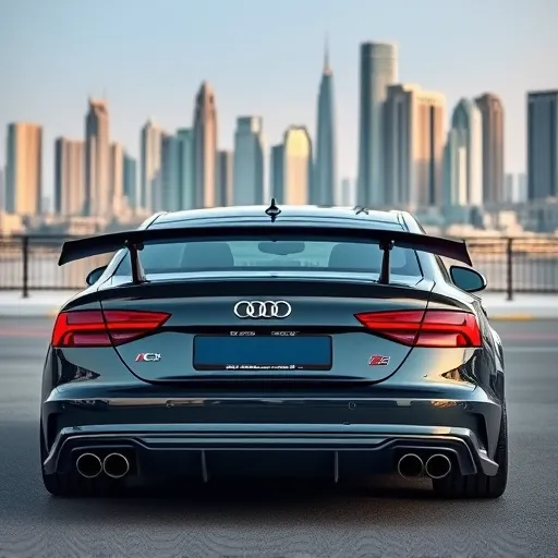 A customized Audi with a rear spoiler parked against the Dubai skyline, showcasing luxury car aesthetics.