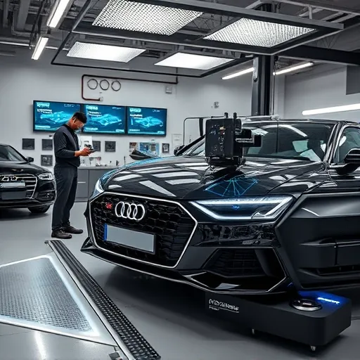 A technician calibrating ADAS sensors on a modern Audi vehicle in a high-tech workshop in Dubai, surrounded by digital screens displaying calibration data.