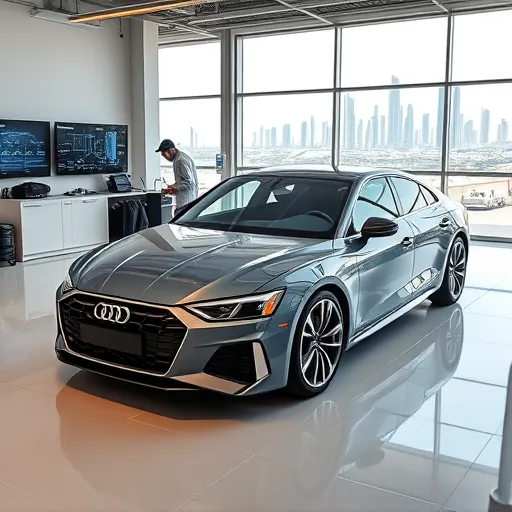 An Audi vehicle undergoing advanced ADAS system calibration in a high-tech facility in Dubai, featuring technicians and digital displays.
