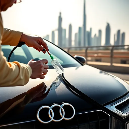 A technician applying windshield sealant to an Audi vehicle with the Dubai skyline in the background, highlighting the precision of the sealant application.