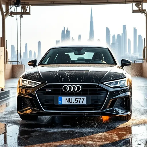A sleek Audi car receiving a steam cleaning service in a state-of-the-art car wash in Dubai, with the city skyline visible in the background.