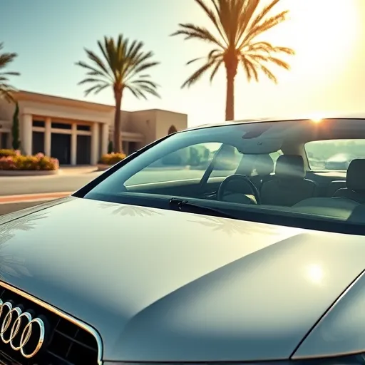 A shiny Audi car parked in Dubai, highlighting its detailed exterior and clean interior, with Dubai skyline in the background.