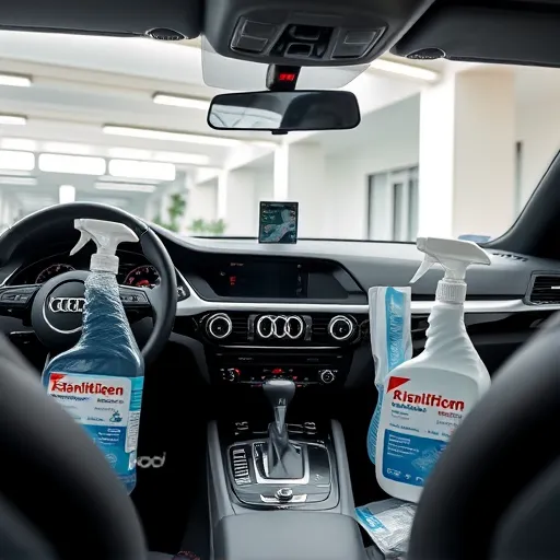 Interior of a clean Audi car being sanitized with disinfectant products in a modern Dubai garage.