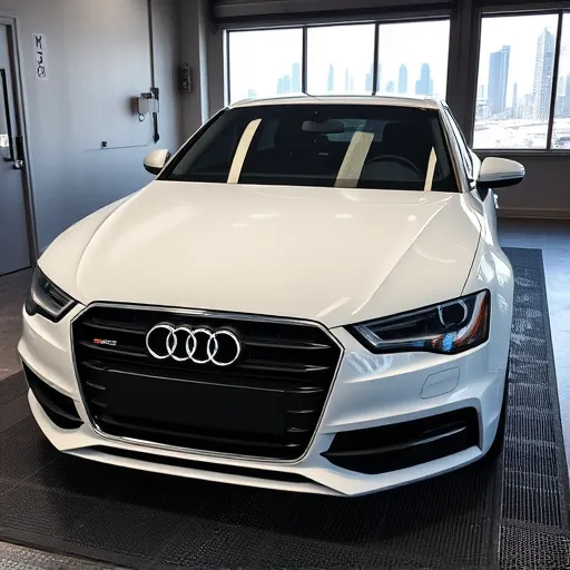 An Audi car receiving a paint protection film installation in a Dubai workshop, with the city skyline visible in the background.