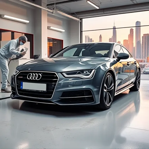 An Audi car undergoing rust proofing and underbody coating process in a Dubai workshop, with a city skyline visible outside.