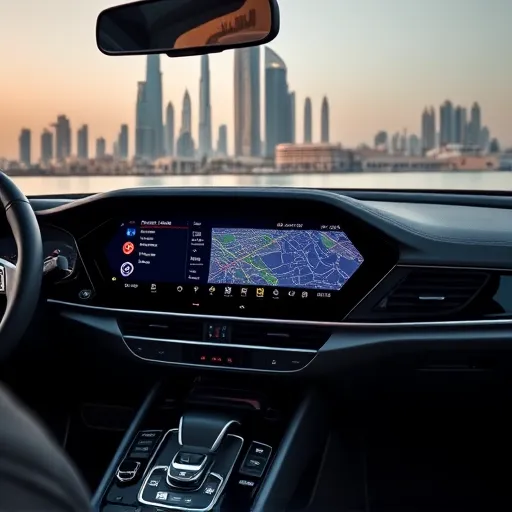An Audi dashboard featuring a state-of-the-art navigation system, with a panoramic view of Dubai's skyline in the background.