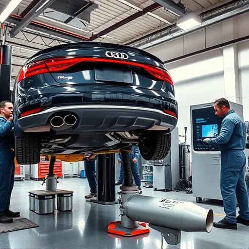 Technicians cleaning and testing an Audi catalytic converter in a modern Dubai workshop with advanced equipment.