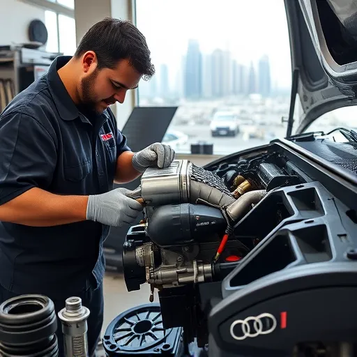 A mechanic working on an Audi carburetor in a well-equipped workshop in Dubai, showcasing intricate tools and the city skyline in the background.