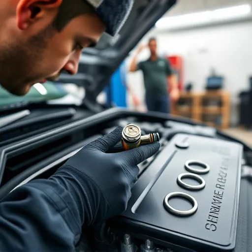 A technician working on replacing and calibrating an Audi fuel injector in a Dubai garage, surrounded by tools and automotive equipment.