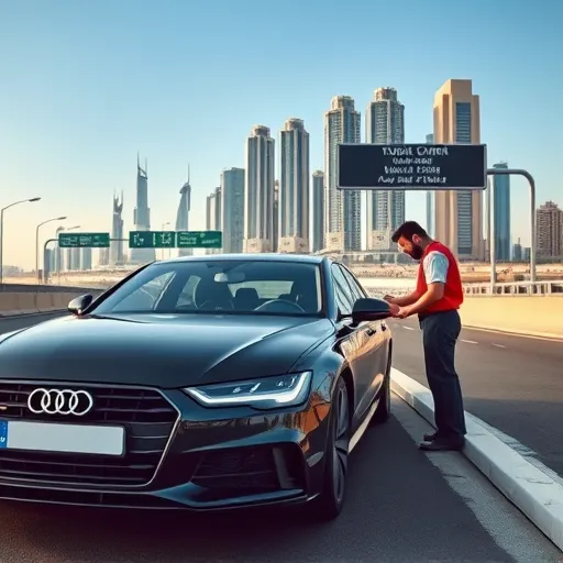 Audi car breakdown service in Dubai with a mechanic helping a driver on a busy highway.