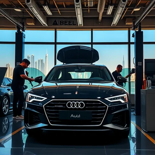 An Audi car undergoing maintenance in a state-of-the-art service center in Dubai, featuring skilled technicians and advanced automotive equipment.