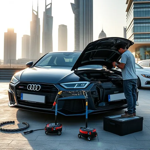 A technician performing a hybrid battery check on an Audi car in Dubai, with iconic skyscrapers in the background.