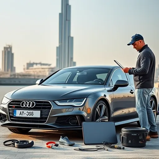 A technician installing a car tracker and anti-theft system in an Audi, with the Burj Khalifa visible in the background, representing modern technology in Dubai.