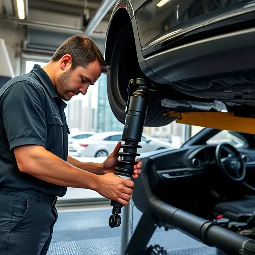 A mechanic replacing a shock absorber on an Audi vehicle in a Dubai garage, with city skyline in the background.