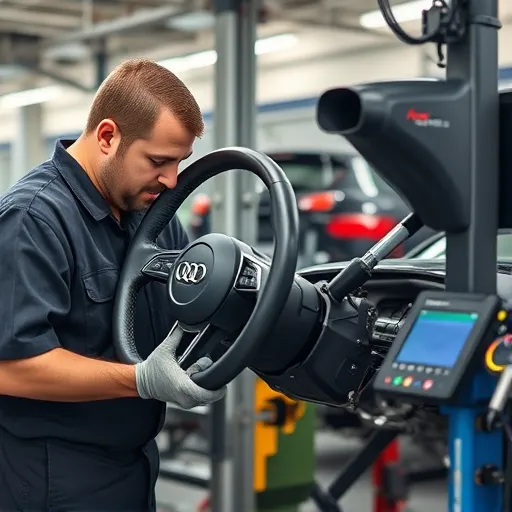 A mechanic repairing and calibrating an Audi steering rack in a Dubai workshop, highlighting tools and intricate automotive parts.