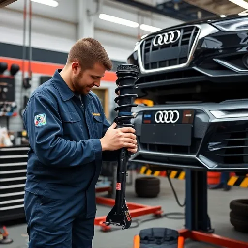 A mechanic working on an Audi strut assembly replacement in a modern garage, with tools and an Audi vehicle on a lift in the background.
