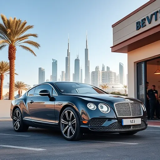 Bentley car being serviced in a high-end maintenance center in Dubai, with mechanics at work and the city skyline in the background.