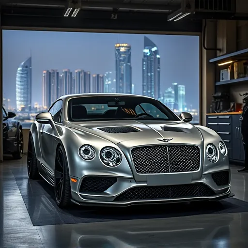 A Bentley car featuring an LS3 engine swap displayed in a high-tech garage in Dubai, with tuning tools and the city skyline visible.