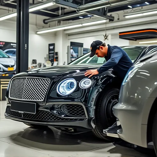 A technician replacing the clutch and checking the gearbox of a Bentley car in a sophisticated auto repair shop in Dubai.