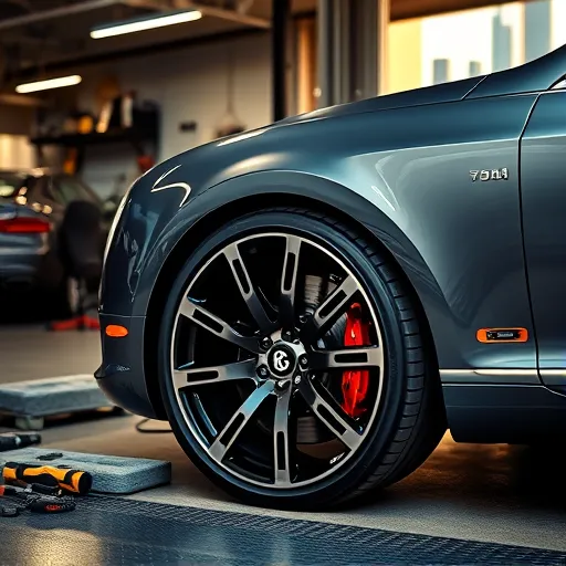 A close-up of a Bentley alloy wheel, expertly restored and shining, located in a luxury automotive workshop in Dubai, with tools and equipment visible in the background.
