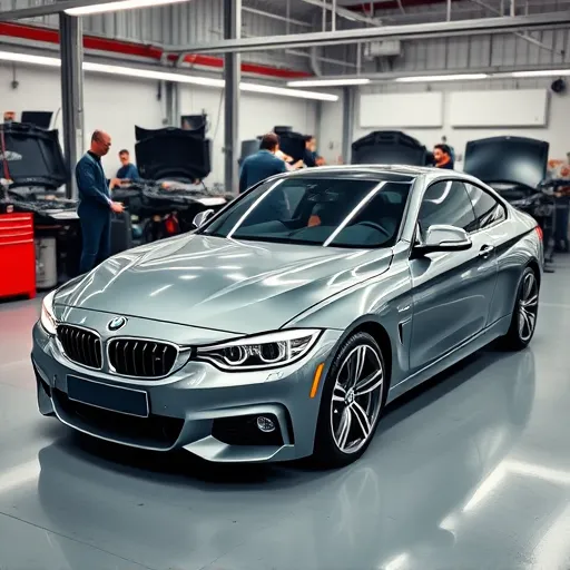 A modern BMW being serviced by expert technicians in a state-of-the-art workshop, highlighting the commitment to excellence in car maintenance and repair.