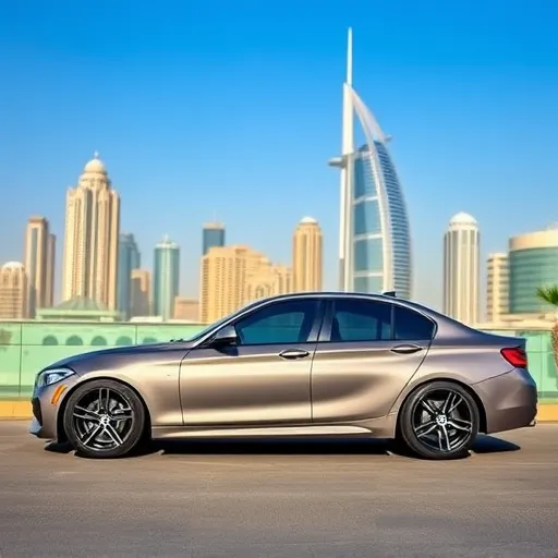 A black BMW with tinted windows parked in front of a modern Dubai skyline, emphasizing the luxury and sophistication of window tinting services.