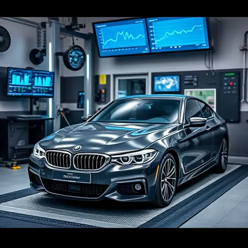 A modern BMW car in a sophisticated diagnostic garage in Dubai, showcasing advanced diagnostic tools and system analysis displays.