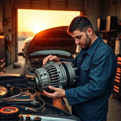 A technician working on a BMW alternator replacement in a Dubai garage, showcasing tools and diagnostic equipment in a vibrant sunset setting.