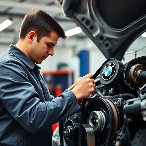 Mechanic replacing the timing belt of a BMW in a well-equipped workshop in Dubai.