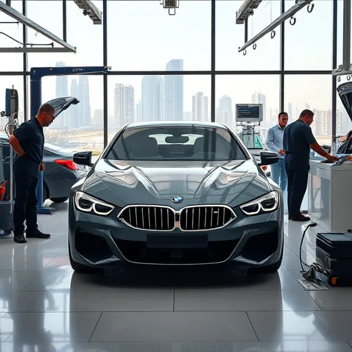 A BMW car being serviced in a contemporary auto workshop in Dubai, with mechanics at work and city skyline visible outside.