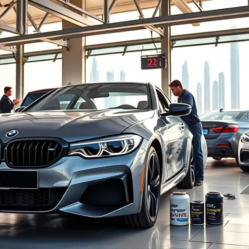 A mechanic changing the oil and filter of a BMW car in a Dubai service center, with the city skyline in the background.