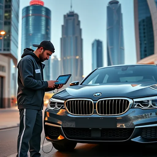 A technician performing mobile diagnostics on a BMW car in Dubai, with skyscrapers in the background, highlighting advanced repair services.