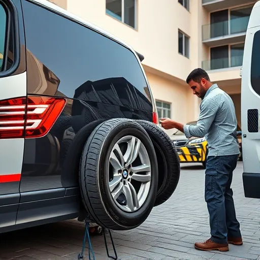 Technician providing mobile tyre replacement service for a BMW vehicle in Dubai.