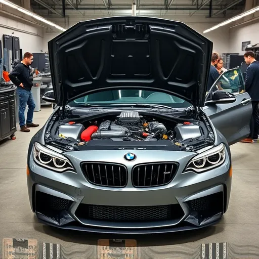 A BMW performance tuning service at Auto Expert Workshop Dubai, featuring an open hood with a high-performance engine swap and technicians at work.