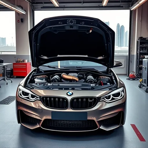 A BMW car with its hood open, displaying a new turbo kit being installed in a Dubai garage, surrounded by tuning tools and the Dubai skyline in the background.
