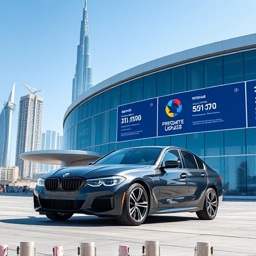 A BMW vehicle in Dubai with digital screens displaying software update information, featuring the city's modern architecture in the background.