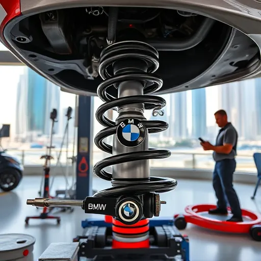 Mechanics repairing and replacing the suspension system of a BMW vehicle in a well-equipped garage in Dubai, with city buildings visible outside.