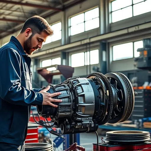 A mechanic checking the gearbox and clutch of a BMW in a well-equipped workshop in Dubai.