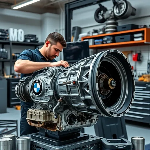 A mechanic repairing a BMW transmission gearbox in a well-equipped workshop in Dubai, highlighting the complexity of the automotive service.