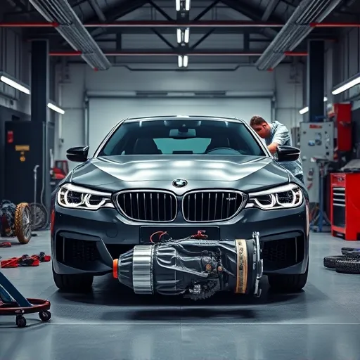 A mechanic working on the transmission system of a BMW in a professional workshop environment.