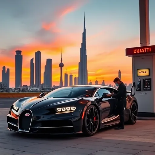 A technician performing a gas refill and leak check on a Bugatti car at a Dubai gas station, with the skyline of Dubai in the background.