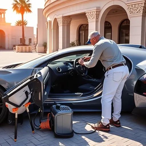 A technician performing air conditioning repair and gas refill service on a Bugatti car in a luxury Dubai environment.