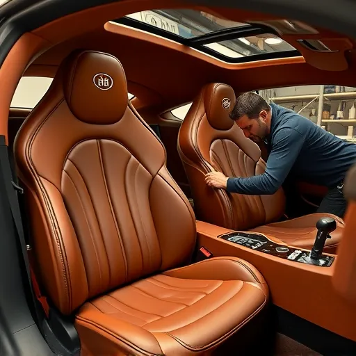 A technician restoring Bugatti leather upholstery in a modern Dubai workshop, highlighting the meticulous craftsmanship involved in luxury car leather repair.