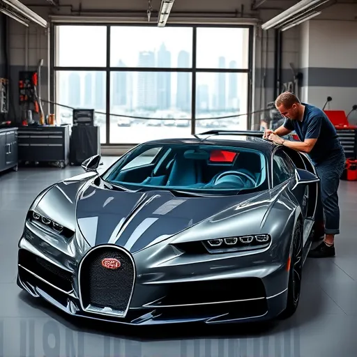 A mechanic installing a new transmission in a Bugatti at a luxurious garage in Dubai, with city skyline in the background.