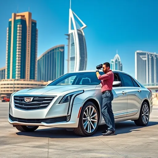 A technician servicing the air conditioning system of a Cadillac in Dubai, with the city's skyline in the background.